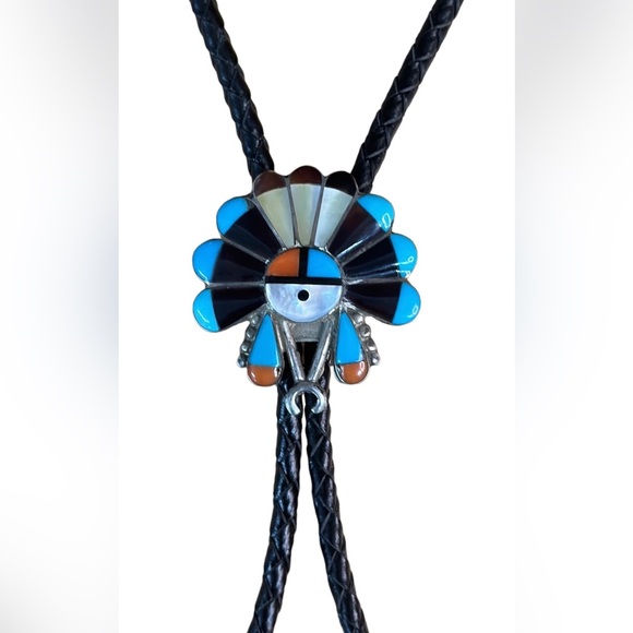 Vintage Bennett ZUNI Native American Headdress Sterling Turquoise Bolo Tie 37" - Picture 6 of 9